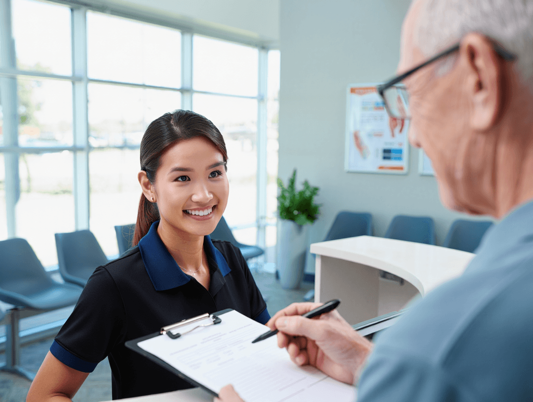 Patient filling a form at axis imaging mickleham reception and the receptionist helping him out with a smile.