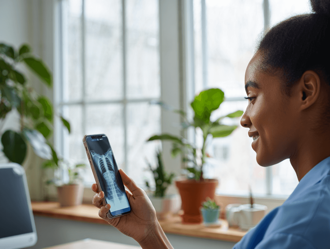 Patient looking at her images on axis imaging Mickleham app from the comfort of her home.